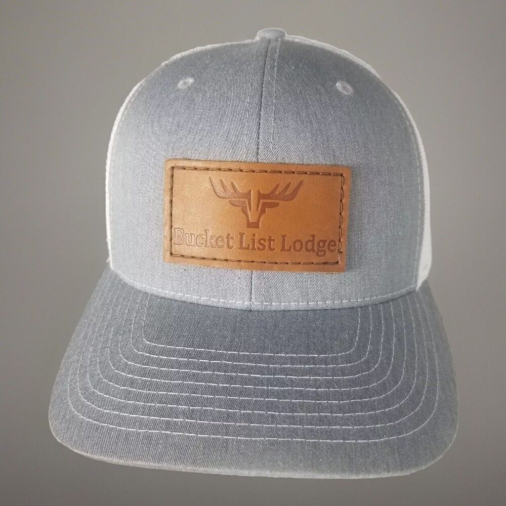 Bucket List Lodge Hat Canada Truckers  Cap Gray Leather Patch Snap Back Mesh